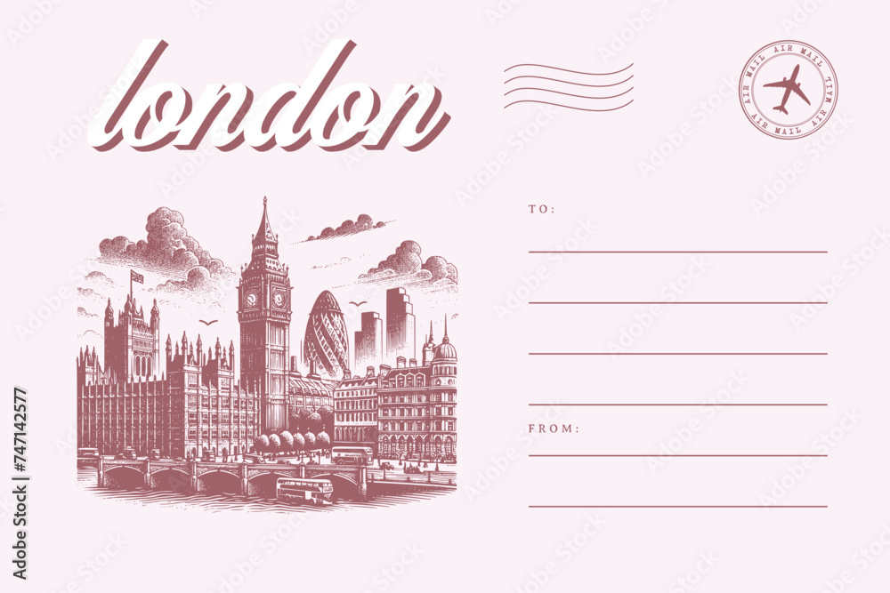 london united kingdom landscape building city post card template letter text with stamp illustration