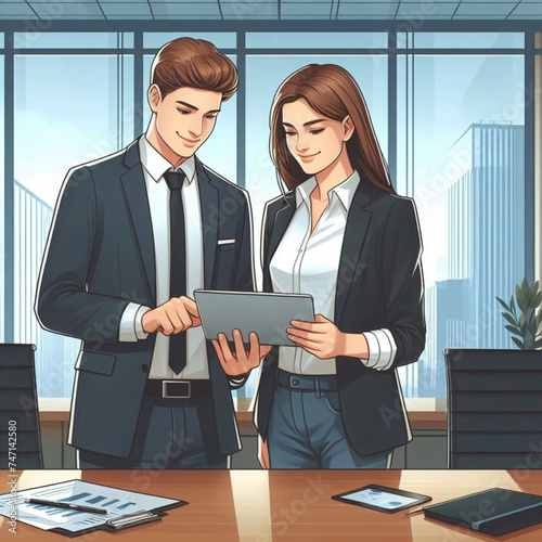 Young businesspeople using a digital tablet while standing in a boardroom, vector illustration