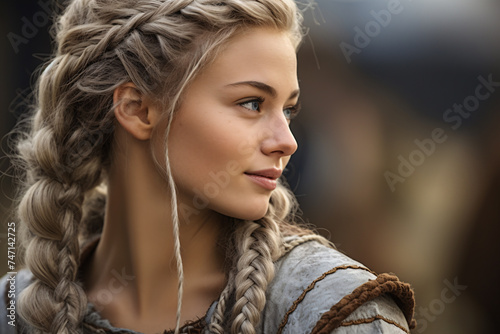 Portrait of young blond woman with viking hairstyle with plaits