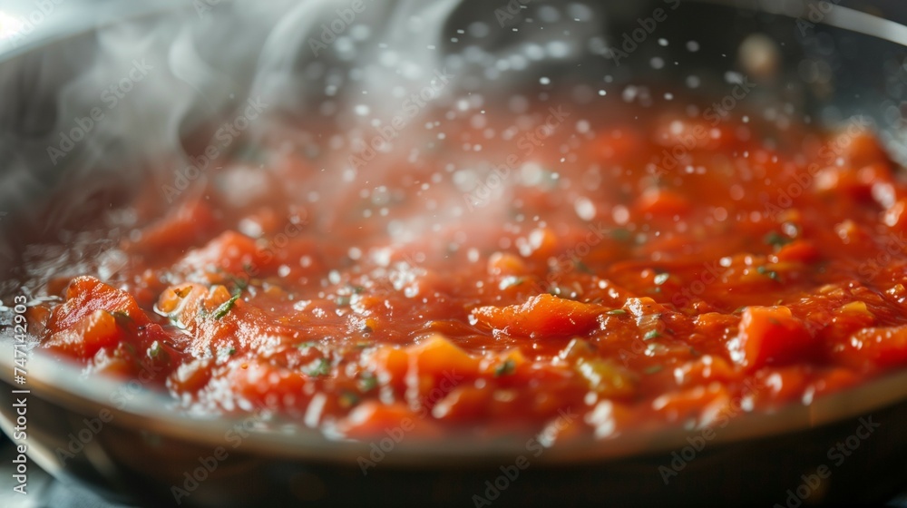 Pot of tomato sauce simmering on the stove, with steam rising from the pot. Nice texture and deep red color. Pot of tomato sauce simmering on the stove, with steam rising from the pot. Nice texture and deep red color.