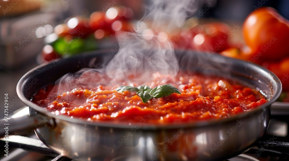 Pot of tomato sauce simmering on the stove, with steam rising from the pot. Nice texture and deep red color.