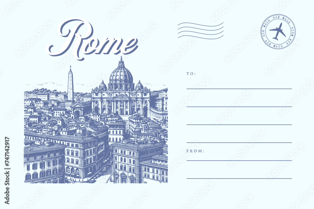 rome italy landscape building city post card template letter text with stamp illustration