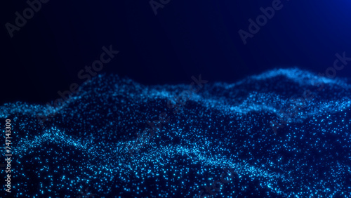 Abstract technology blue wave with motion glowing disperse dots. Dark cyberspace digital background. Connection big data. Futuristic wireframe texture. Dynamic glowing business backdrop. © Eilvee