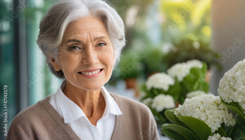 Belle femme senior souriante avec des cheveux blancs. Portrait d'une vieille dame mature pour concept de beauté, soins de la peau, soins dentaires, du visage ou cosmétique, sur fond flouté pour titre photo