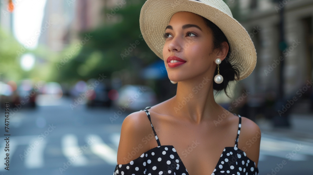 Go for a more mature yet still playful look with a polka dot dress featuring a sweetheart neckline and a fitted bodice paired with a widebrimmed hat and pearl earrings as