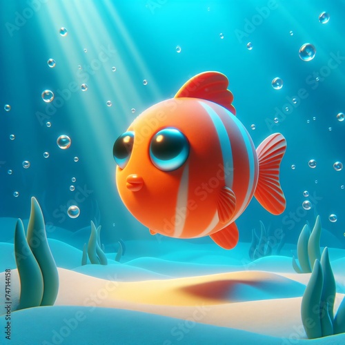 3d cute fish under water with bubbles