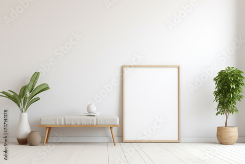 Room in scandinavian minimalism style, white wall, bright home. Mock up, copy space