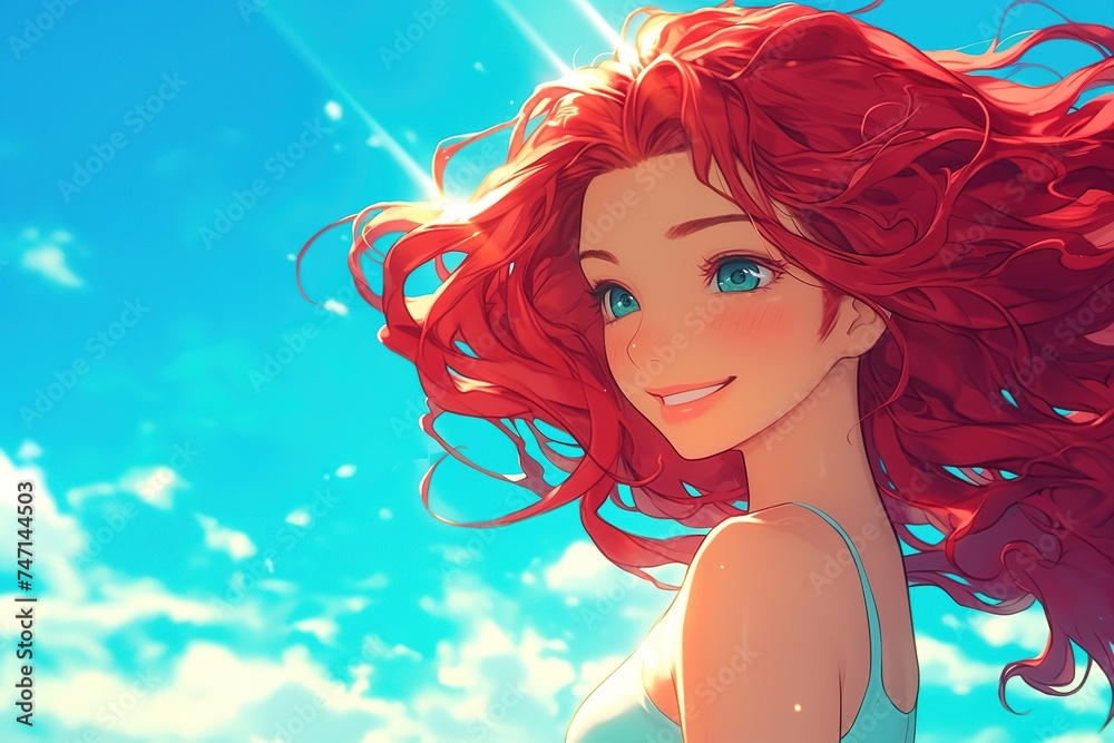 portrait of a pretty smiling anime girl with red hair flying in the wind against a blue sky portrait of a pretty smiling anime girl with red hair flying in the wind against a blue sky