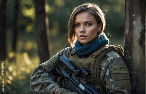 Portrait of a beautiful girl in military uniform. Ukrainian women in the army. Support Ukraine
