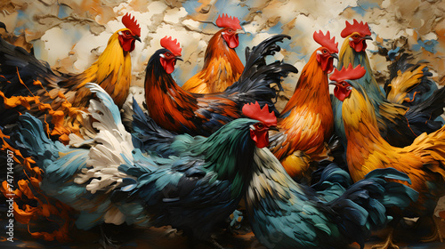 Chicken Frenzy: A Colorful Depiction of Farmyard Life and Nature's Vibrancy © Minerva