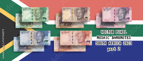 Vector set of pixel mosaic banknotes of South Africa. Collection of notes in denominations of 10, 20, 50, 100 and 200 rands. Obverse and reverse. Play money or flyers. Part 2 photo