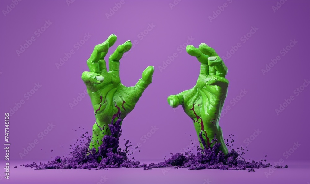 3d render, green zombie hands burst out of the ground, halloween clip art isolated on purple background, Generative AI