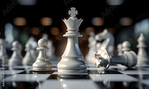 3d render, chess game battle. Queen's Gambit. White chess piece aggressive attack. Successful strategy, checkmate concept, Generative AI