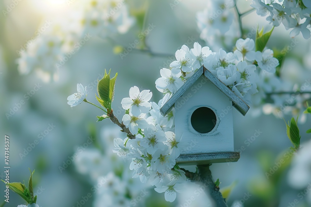 small white birdhouse on a spring cherry blossom branch on blurred background