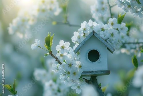 small white birdhouse on a spring cherry blossom branch on blurred background