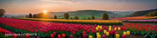 ein Panoramablick auf eine ländliche Landschaft mit bunten Tulpenfeldern, die ein malerisches Bild abgeben, das die pulsierende Energie des Frühlings verkörpert.