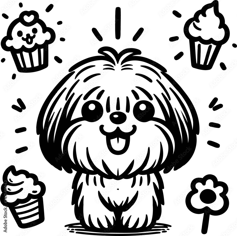 Fototapeta premium Shih Tzu dog in cute animal doodle cartoon, children mascot drawing, outline,