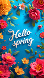 Lettering spring season with plants, leaves and colorful flowers. Hello spring, 1 march concept. Template for greeting card, invitation, banner, poster