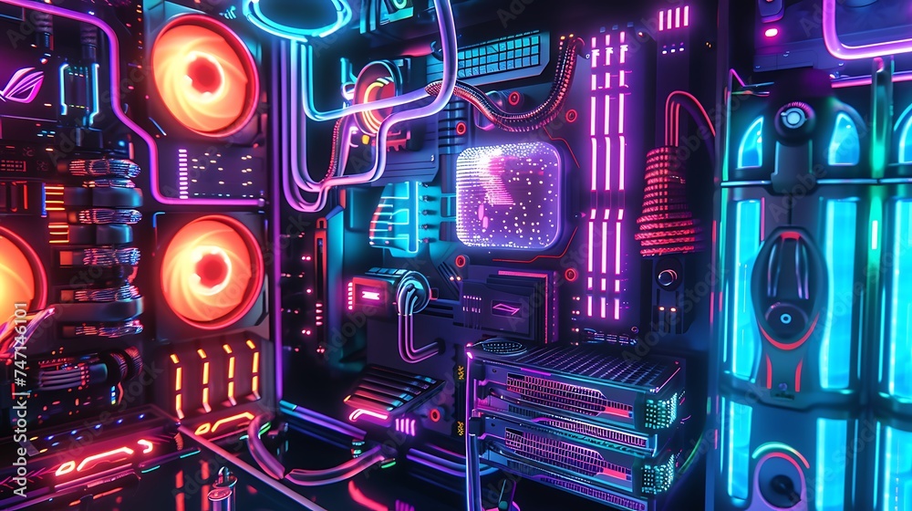 Fototapeta premium Fantasy neon computer system unit. Generative Ai