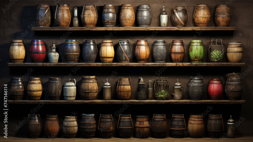 Wine barrels with aging labels in a rustic setting created Wine barrels with aging labels in a rustic setting created