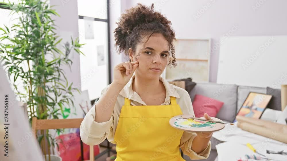 Curly-haired hispanic woman artist, zipping her mouth shut with her fingers, illustrating a forbidden secret in a silent studio Curly-haired hispanic woman artist, zipping her mouth shut with her fingers, illustrating a forbidden secret in a silent studio
