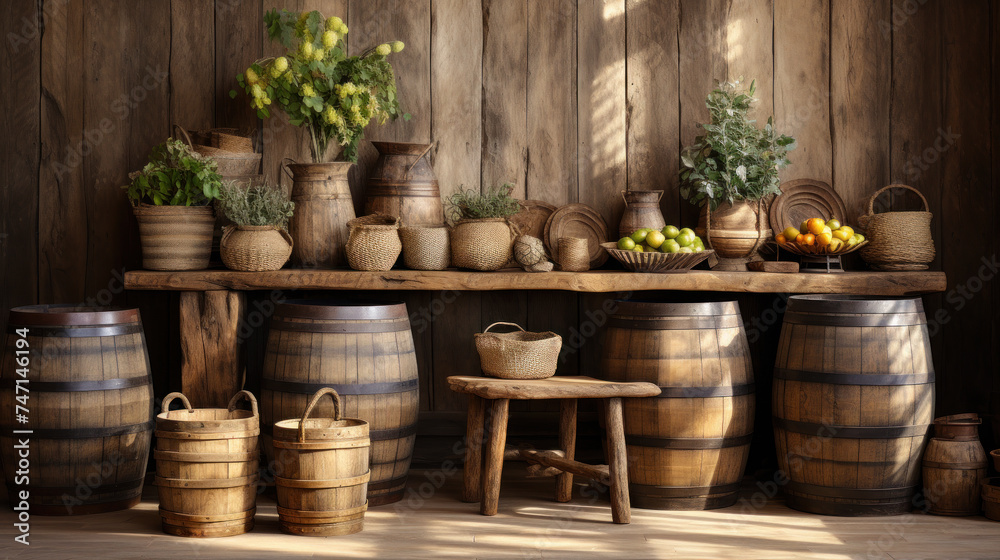 © siripimon2525 - Wine barrels with aging labels in a rustic setting created