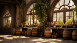 Wine barrels with aging labels in a rustic setting created