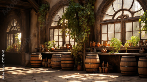 Wine barrels with aging labels in a rustic setting created