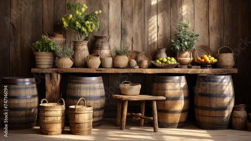 Wine barrels with aging labels in a rustic setting created