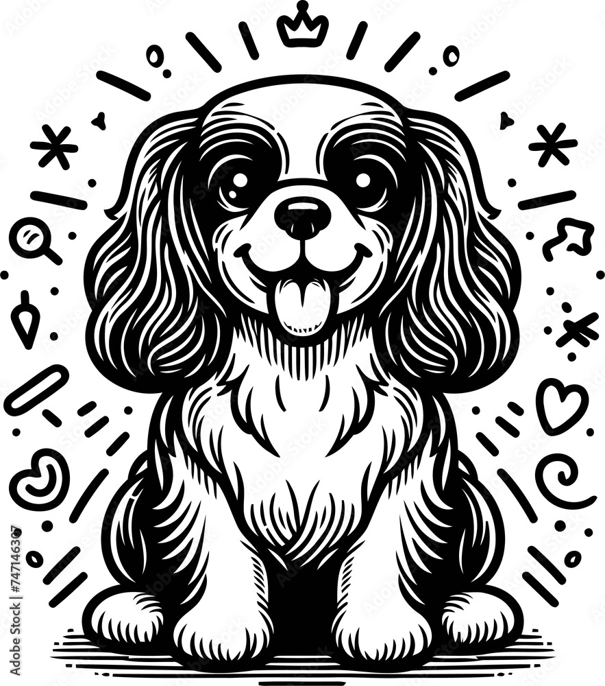 Fototapeta premium spaniel dog in cute animal doodle cartoon, children mascot drawing, outline, 