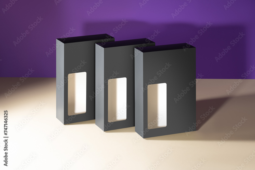 Mockup of a box with a window for products made of black smooth cardboard without a logo Mockup of a box with a window for products made of black smooth cardboard without a logo