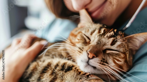 Veterinarian Cuddling with a Content Tabby Cat. A caring veterinarian shares a tender moment with a relaxed tabby cat, evoking feelings of trust and comfort in a clinical setting. © auc