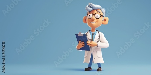 3d render. Cartoon doctor character holds clipboard. Clip art isolated on blue background. Professional consultation. Medical concept, Generative AI