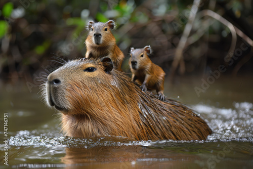 Capybara with her babies coming out of the water