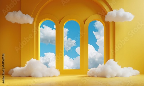 3d render, abstract background with blue sky inside the arch windows on the yellow wall. White clouds fly inside the room, Generative AI