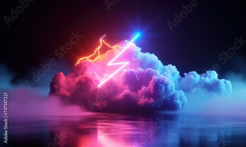 3d render, abstract minimalist background. Colorful cloud and neon lightning symbol. Stormy cumulus with glowing thunder sign, Generative AI