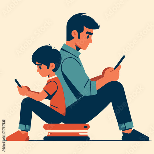 Vector illustration of father and son using mobile.
tech concept