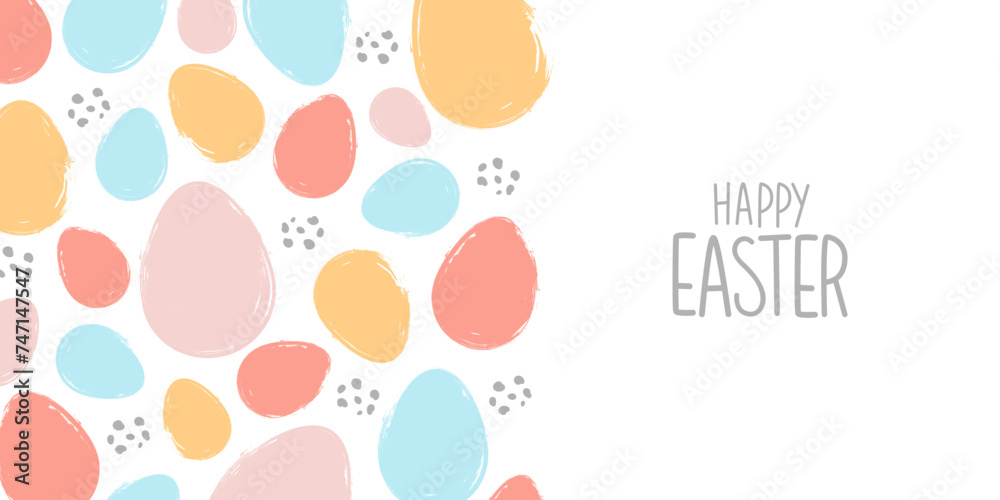 Happy Easter. Festive banner with color brush stroke Easter eggs. Celebrate background for Easter holiday greetings and invitations. Vector illustration.