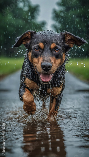 Playing in the Rain, Happy Dog Jumping in Puddle of Water