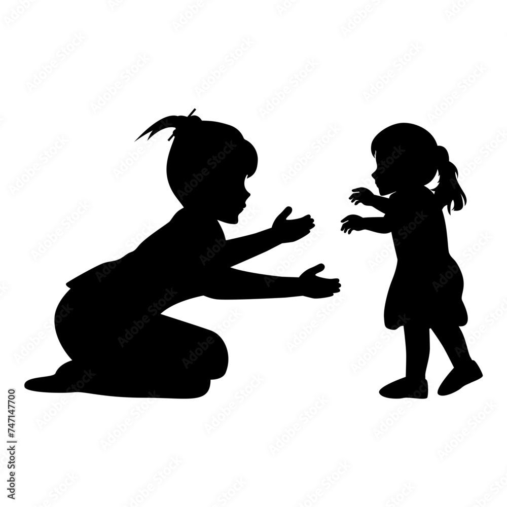 cute mother and daughter silhouette