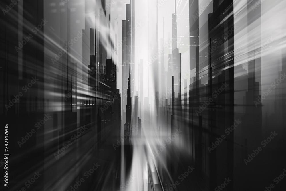 Blurred monochrome cityscape with vertical light streaks