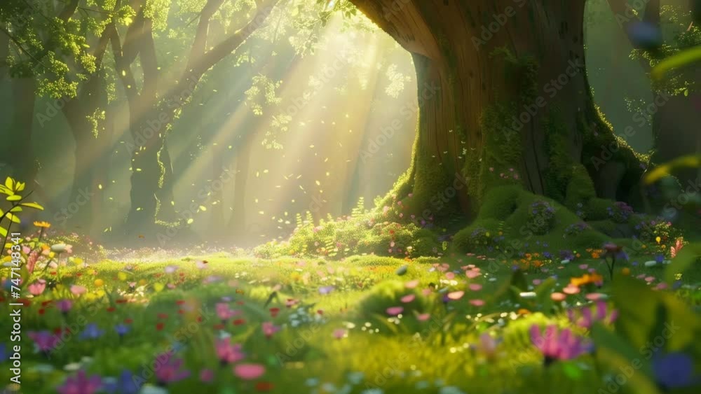 Magical forest with spring sunrise light. seamless looping 4k time-lapse animation video background