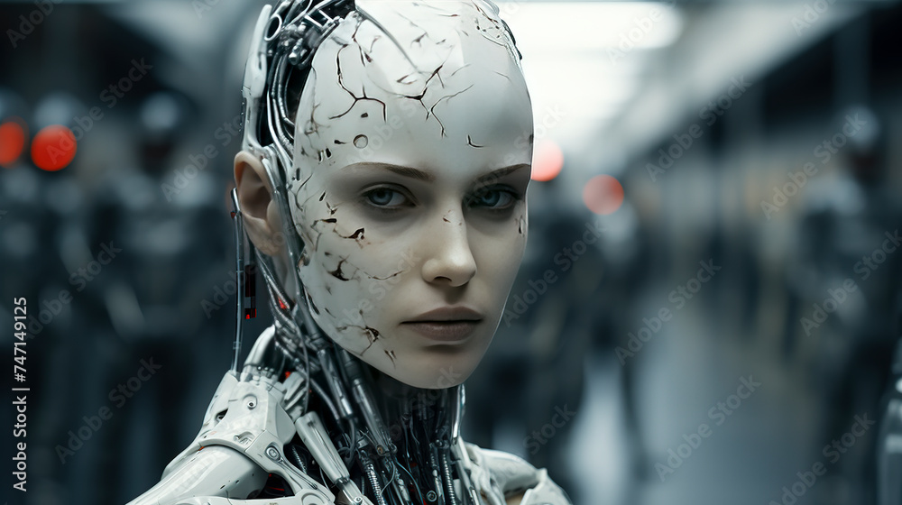 Synthetic Elegance: Female Android Portrait in a Futuristic Setting, created with Generative AI technology