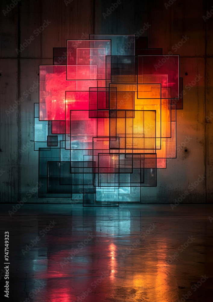 Fototapeta premium Futuristic Neon Light Installation Art, Abstract Geometric Illumination, created with Generative AI technology