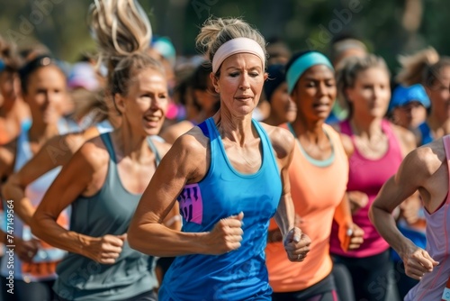 Group of Determined Female Runners Participating in a Marathon Race, Focused Athlete Leading the Pack in a Sporting Event
