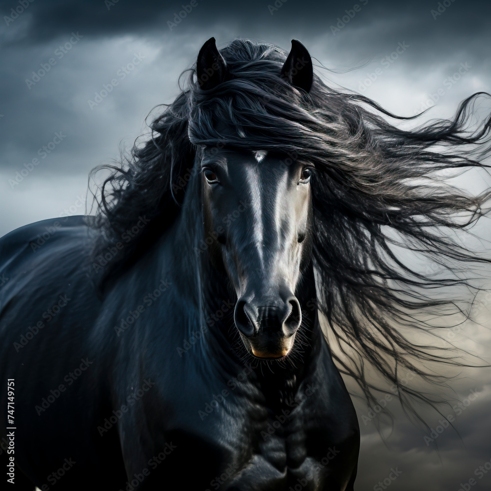 Noble Black Stallion Portrait in Bridle, Equestrian Elegance, created with Generative AI technology