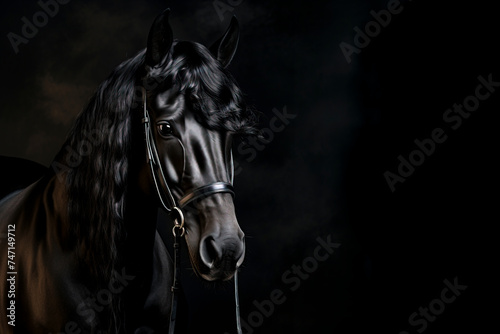 Noble Black Stallion Portrait in Bridle, Equestrian Elegance, created with Generative AI technology