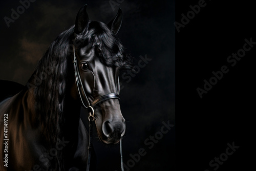 Noble Black Stallion Portrait in Bridle  Equestrian Elegance  created with Generative AI technology