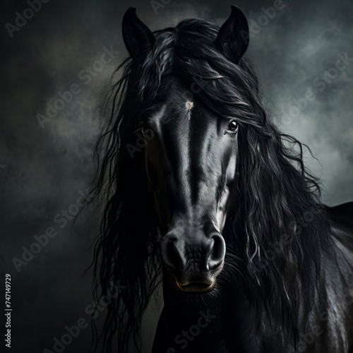 Noble Black Stallion Portrait in Bridle, Equestrian Elegance, created with Generative AI technology © Fernando Cortés