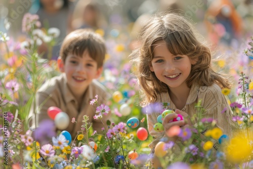 Happy Children Enjoying Easter Egg Hunt in Flower Meadow - Smiling Kids Playing in Spring Nature Outdoor